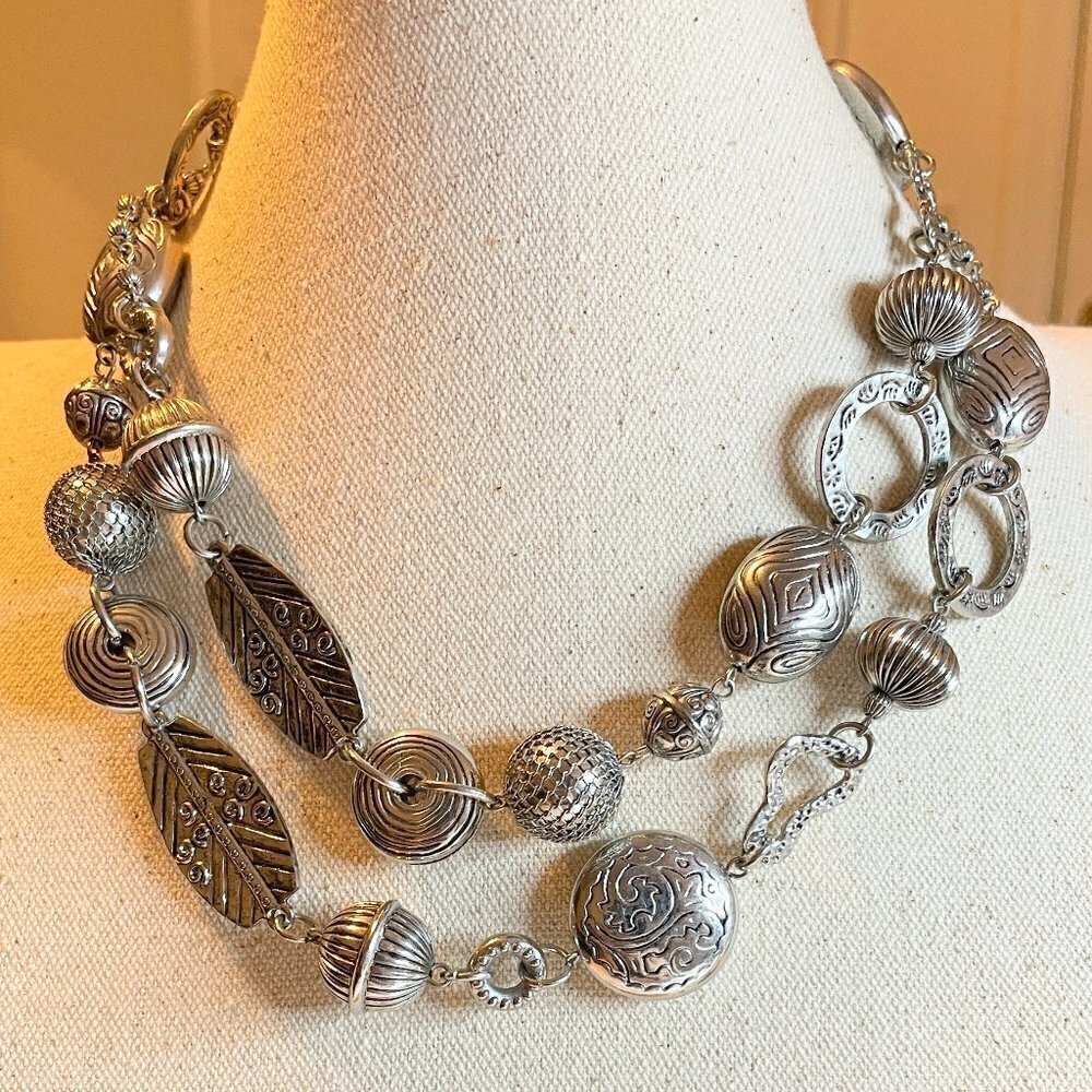 Chico's Polished Etched Mixed Shape Bead Ethnic Long Slivertone Necklace